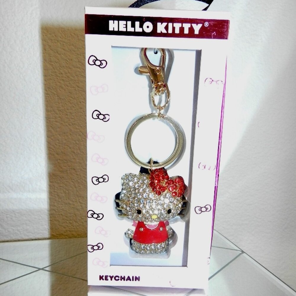 NEW Hello Kitty Red Dress and Bow Rhinestone Crystal Keychain Bag Charm Key Ring